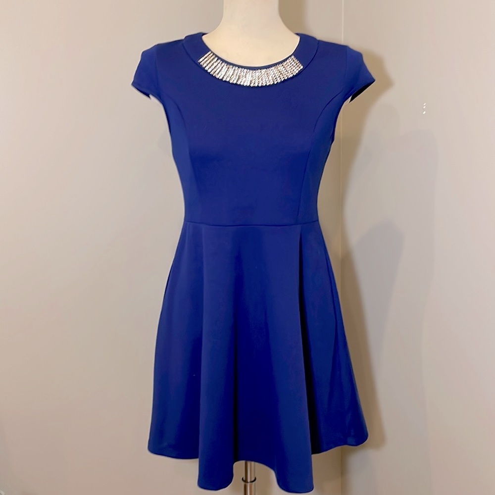 ELODIE Skater Dress with Embellished Neckline Royal Blue MEDIUM